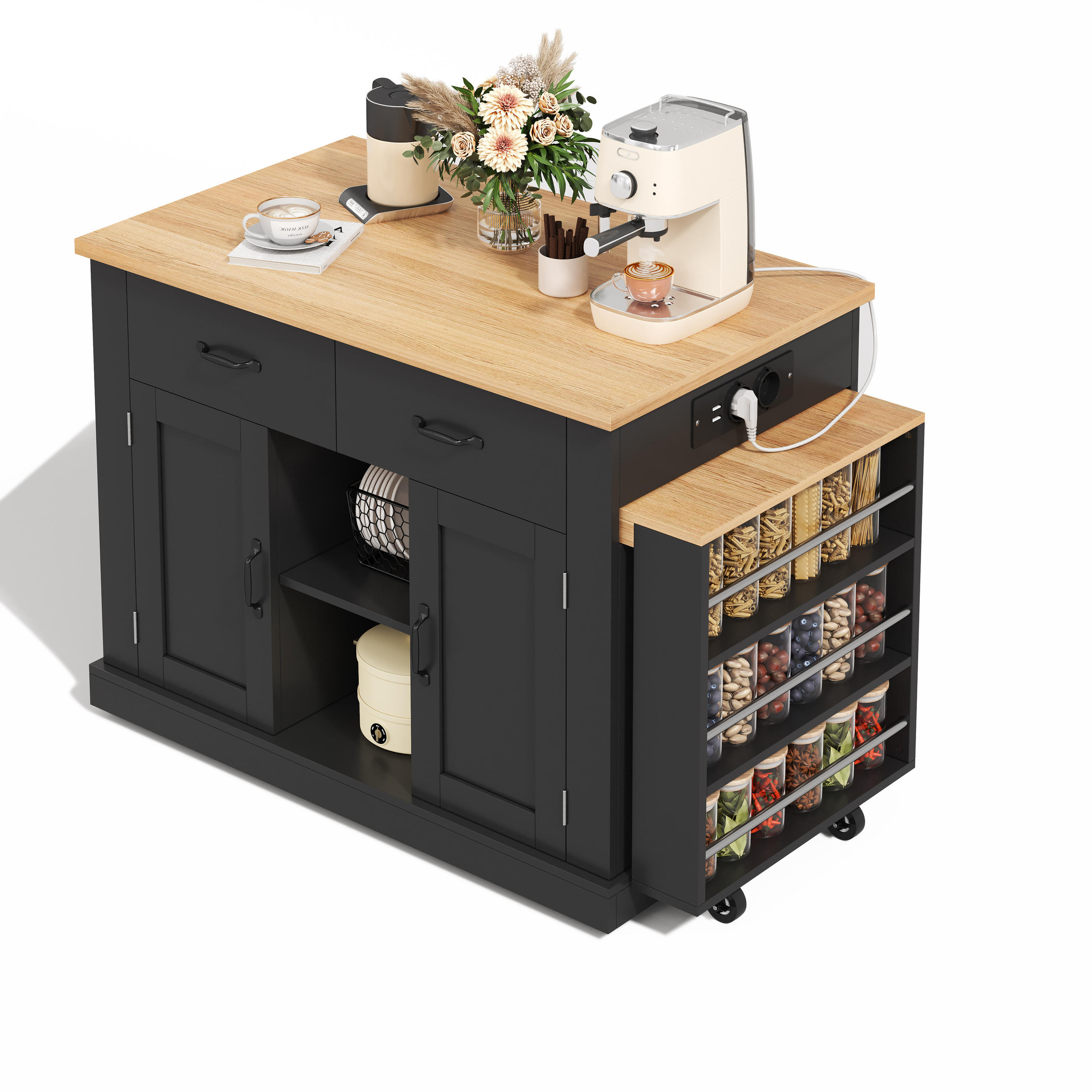 KÜCHENINSEL Mobiler Küchenwagen mit AUSZIEHBAREM ESSTISCH, Holzimitat, 132/70/90 cm - Schwarz, Kunststoff (60/93/132cm) - Rolipo