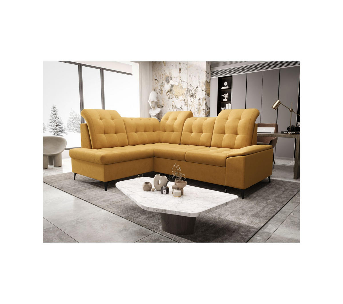 ECKSOFA KONGO RBN16, Eckcouch in L-Form mit Schlaffunktion, Farbe: Gelb, Velourstoff, Ottomane Links - Gelb, Textil (268/210cm) - O-Sofa