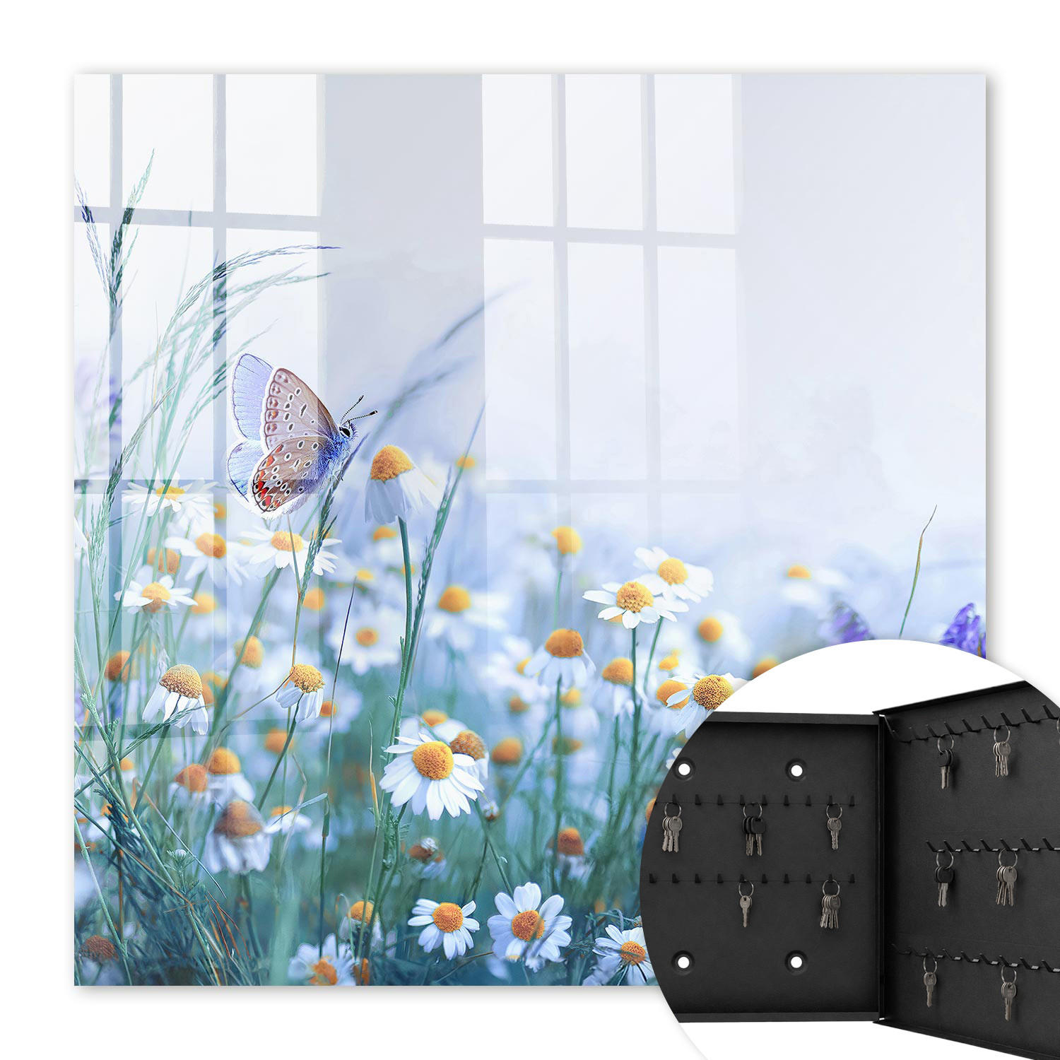 SCHLÜSSELBOX Schwarz 30x30 cm- Türöffnung nach rechts - Sommerwiese - Blau, Metall (30/30/5cm) - TULUP