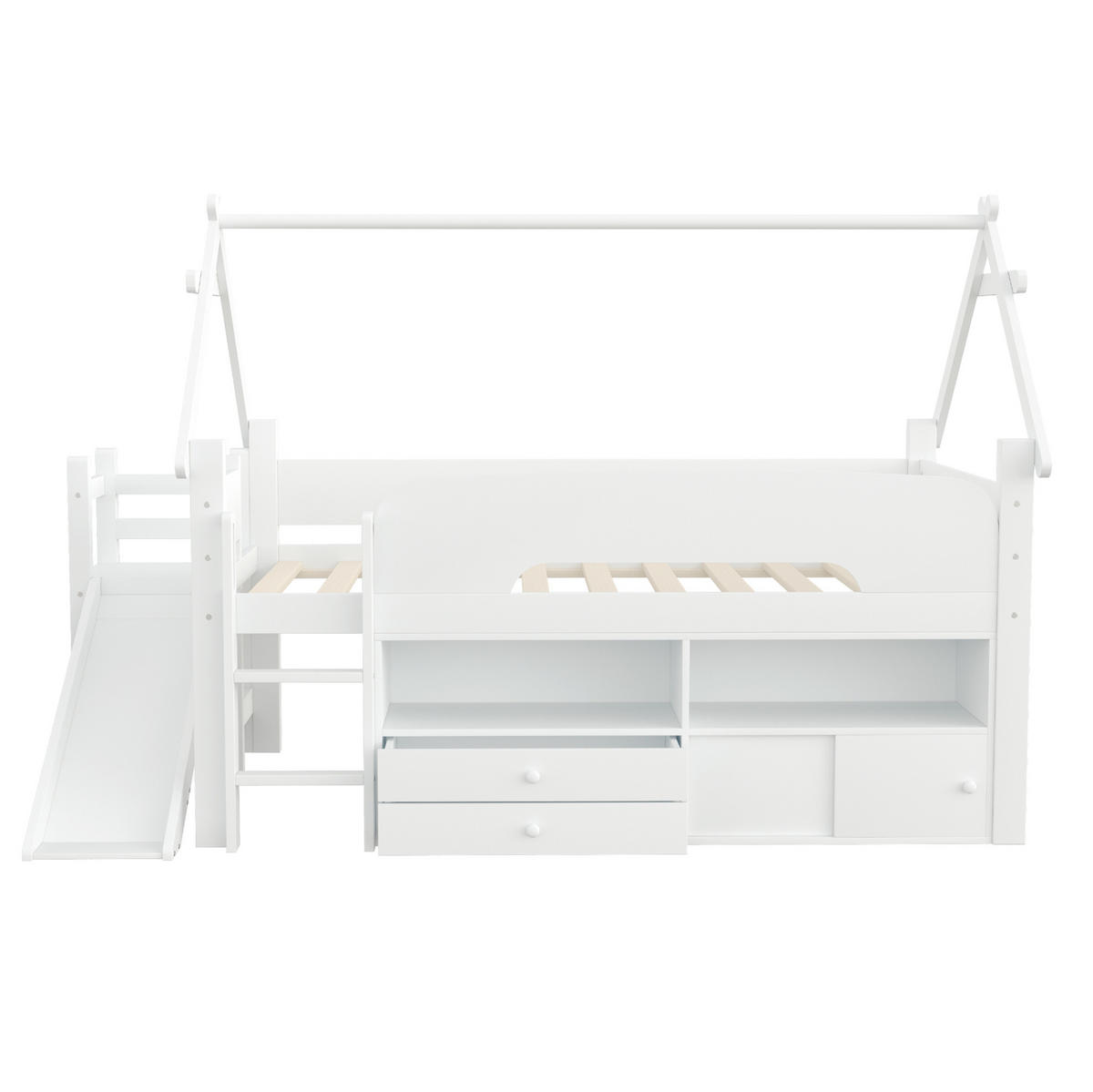 HAUSBETT 90/200 cm Weiß mit Rutsche und Sicherheitsgeländer - Weiß, Holz (90/200cm) - MIVRAY