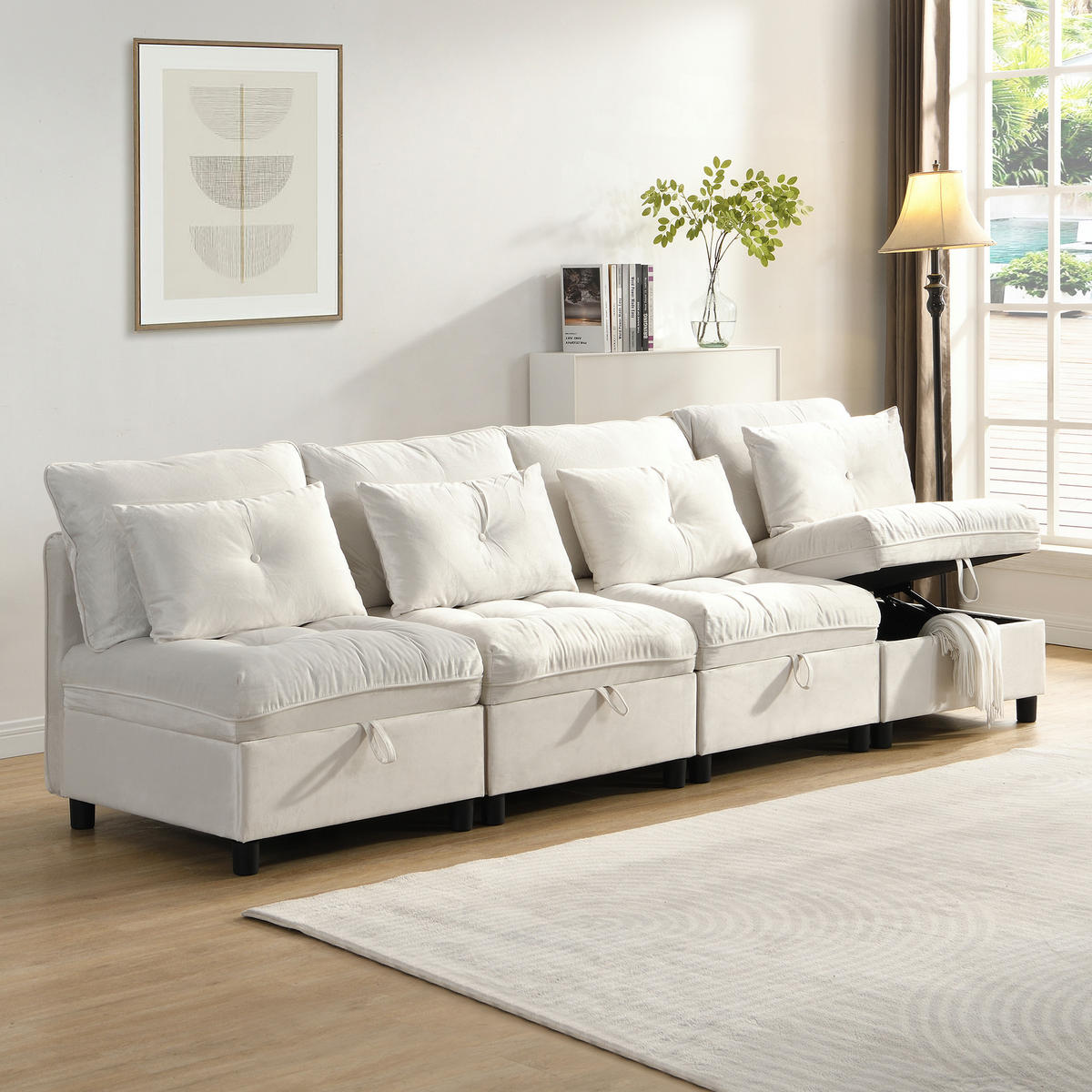 SOFA 4-Sitzer Chenille mit Stauraum und Schlaffunktion Beige 274/76/87 cm - Beige, Textil (274/87/76cm) - Redom