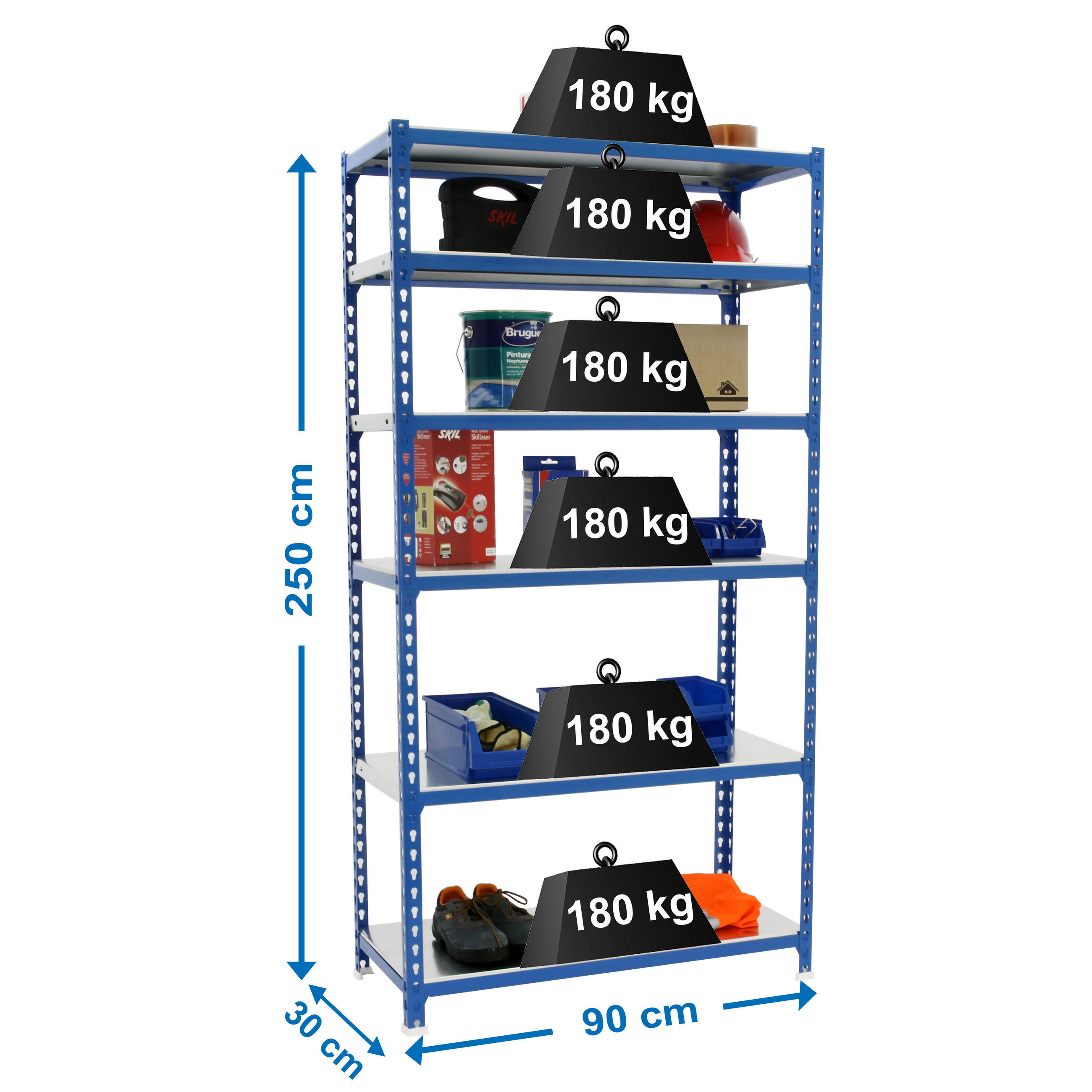 SCHWERLASTREGAL Giant Metal Shark HxBxT 250 x 90 x 30 cm Fachlast 180 kg Blau - Blau, Metall (90/250/30cm) - PROREGAL
