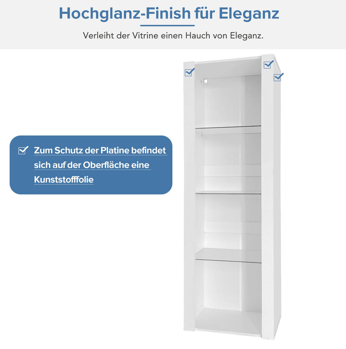 VITRINE 55/38/166 cm in Weiß Hochglanz mit LED-Beleuchtung und 3 Glasböden - Weiß, Holzwerkstoff (55/166/38cm) - Flora Grace