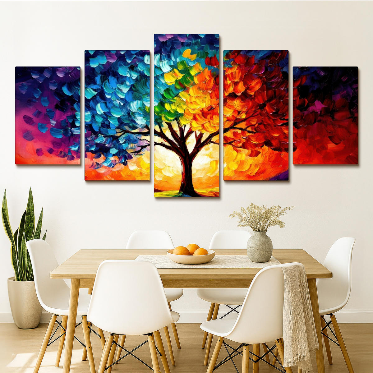 LEINWANDBILD 5er Set Baum - Farbenfroh - Malerei-Look - Abstrakt 200x100 cm - Multicolor, Textil (200/100cm) - MuchoWow