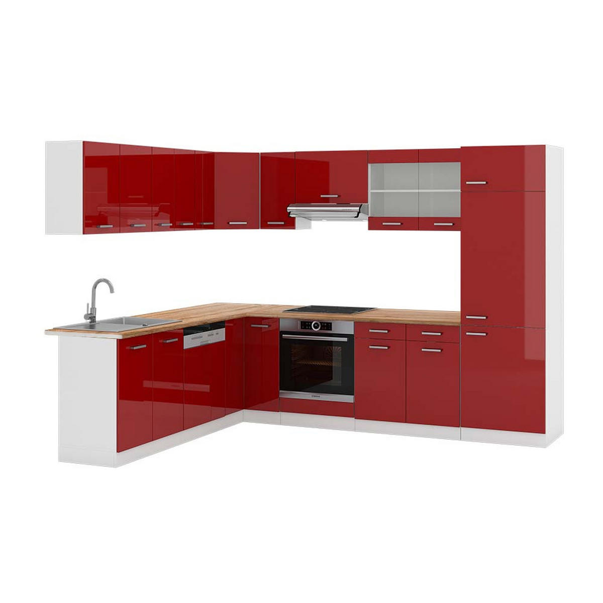 ECKKÜCHE R-Line Rot Hochglanz/Weiß 287 x 60 cm , AP Eiche - Bordeaux/Rot, Holzwerkstoff (287/81.6/60cm) - Vicco