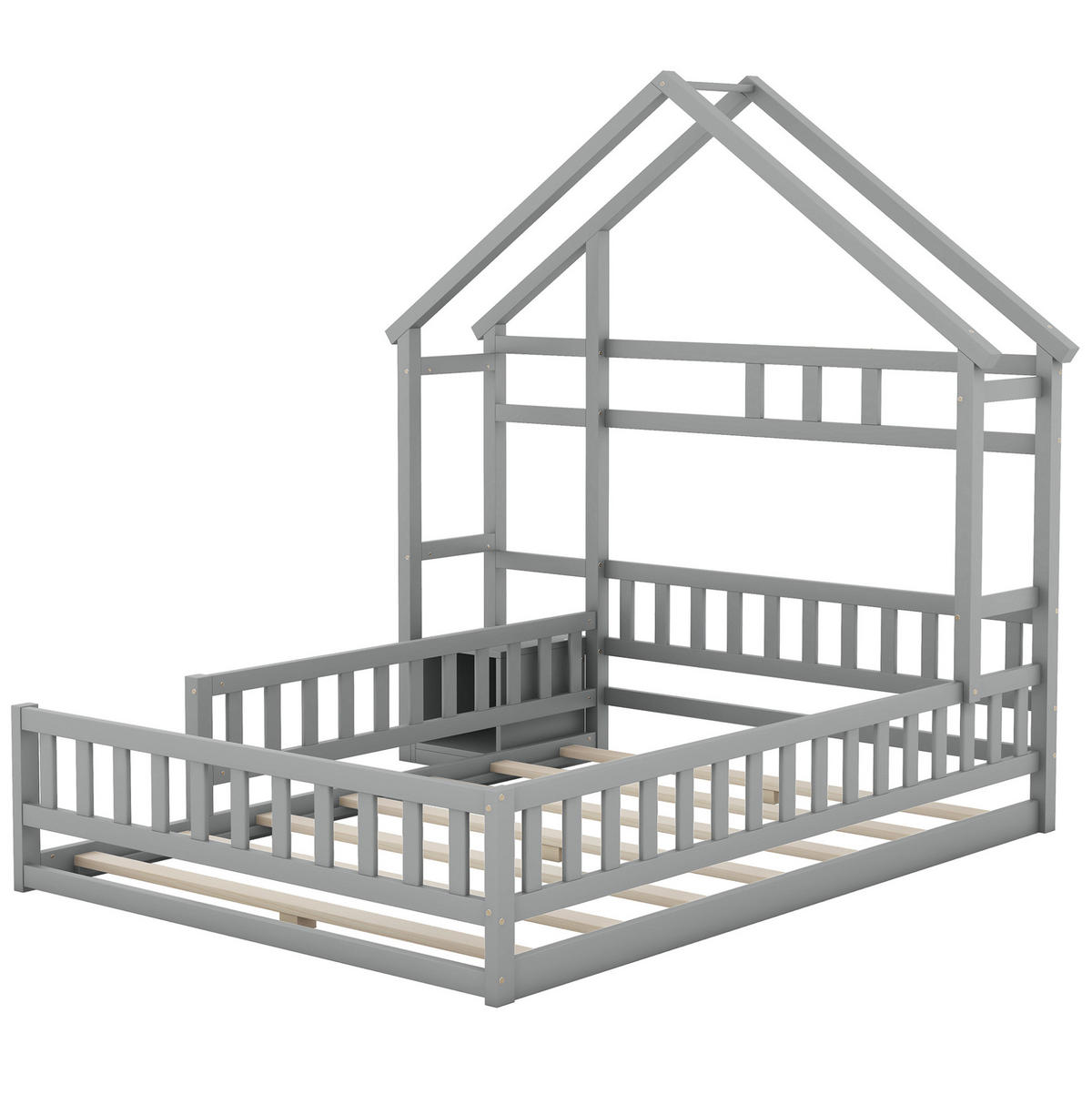 HAUSBETT aus Kiefer und MDF 140x200 cm Grau mit Hausform, Geländer und Nachttisch - Grau, Holzwerkstoff (140/200cm) - Modfu