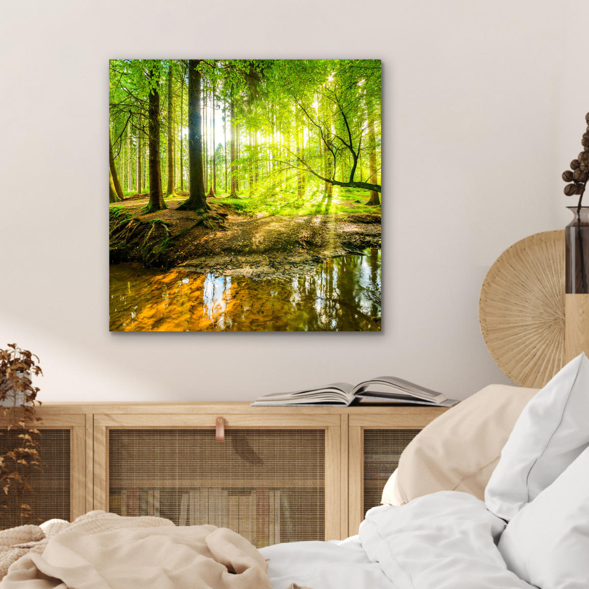 METALLBILD Wald - Landschaft - Wasser - Bäume - Sonne - Grün - Natur 50x50 cm - Grün, Metall (50/50cm) - MuchoWow
