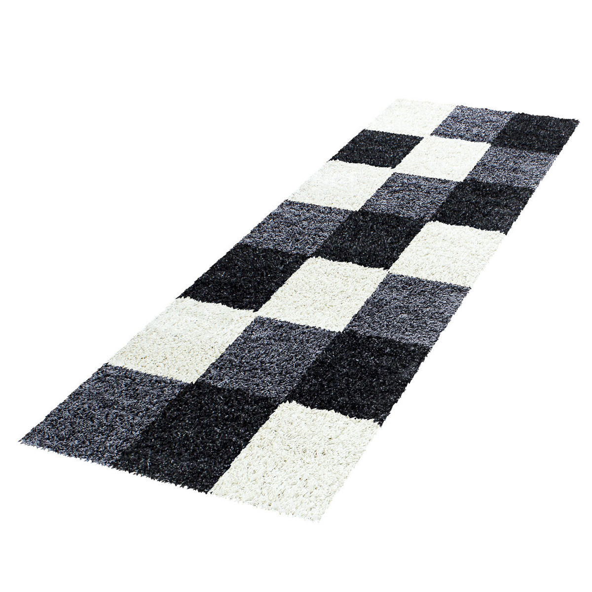 TEPPICH Hochflor Karo Polypropylen Wohnzimmer Shaggy Schwarz Läufer 80x250 - Schwarz, Textil (80/250cm) - KADIMA DESIGN
