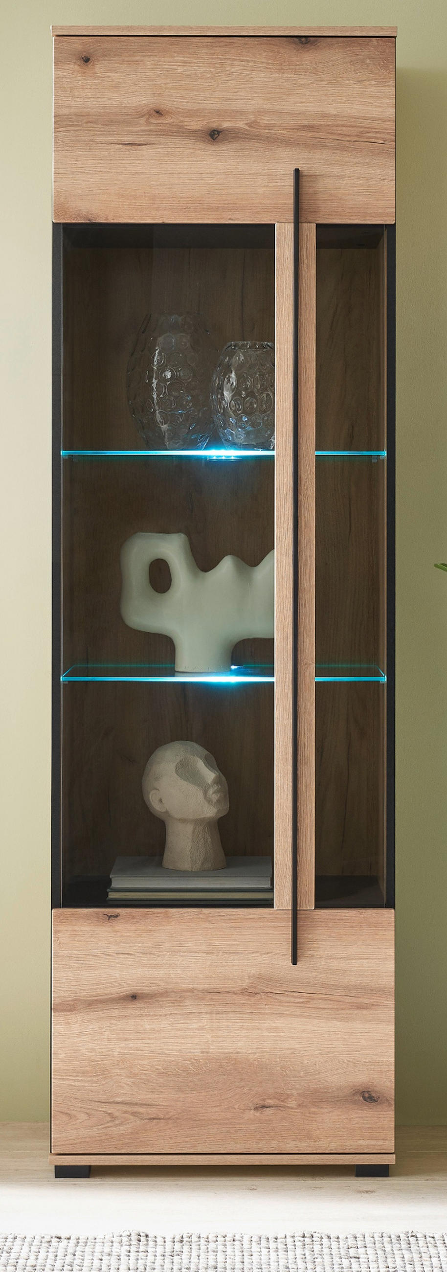 VITRINE Eiche Evoke, Vitrinenschrank 60 cm mit Beleuchtung - Eichefarben/Schwarz, Glas/Holzwerkstoff (60/200/37cm) - Furn.Design