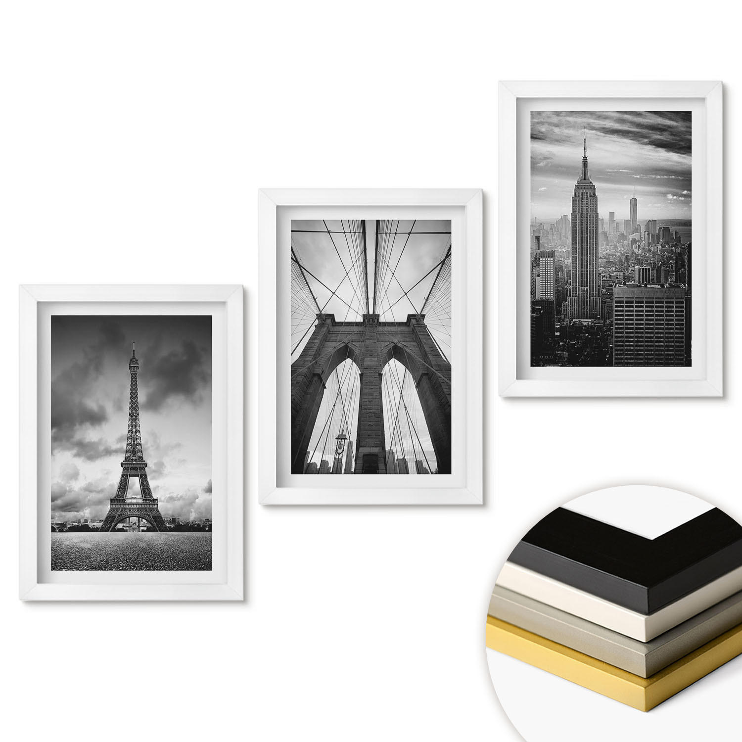 WANDBILDER 3er-Set - 20x30 cm Weißer Rahmen - Monochromatische Brückentürme - Weiß, Kunststoff (20/30cm) - ArtPrintCave