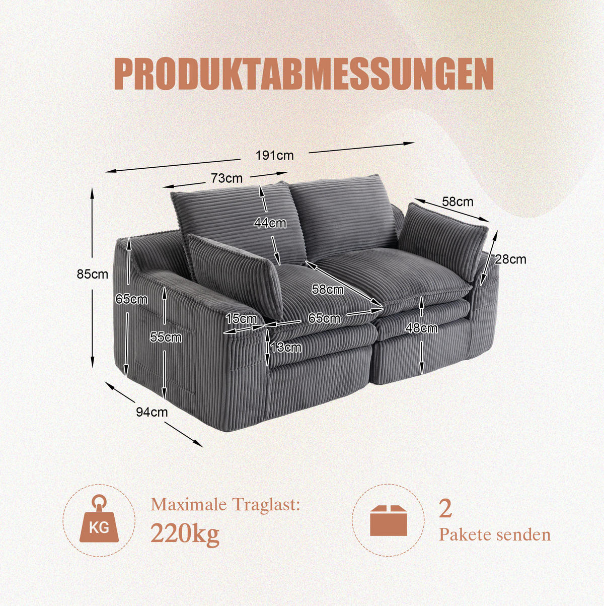 2-SITZER-SOFA 191/94/85 cm dunkelgrau aus Cord mit Seitentaschen und Federkern - Dunkelgrau, Textil (94/85/191cm) - Modenvie