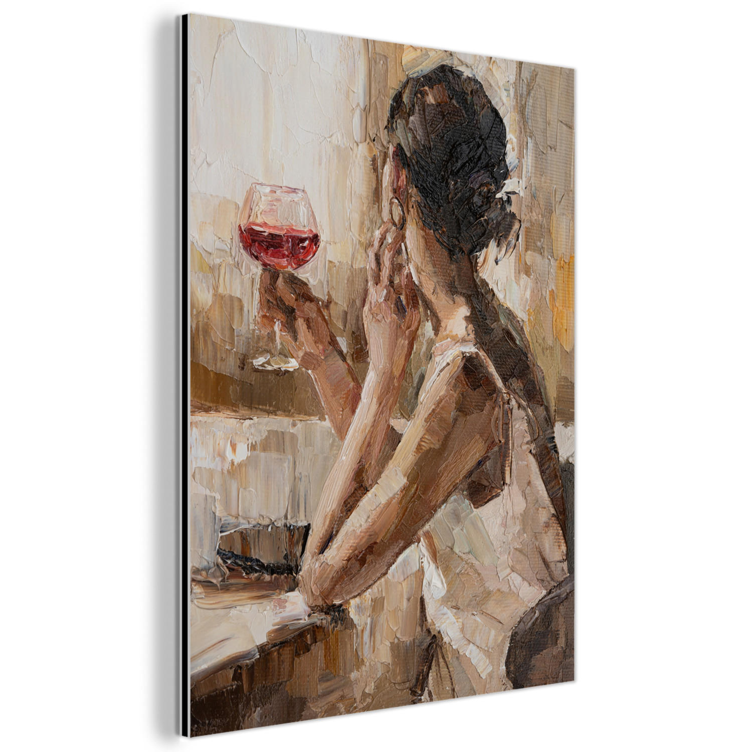 KOVOVÝ OBRAZ Olejomaľba - Žena - Víno 30x40 cm - svetlohnedá, kov (30/40cm) - MuchoWow