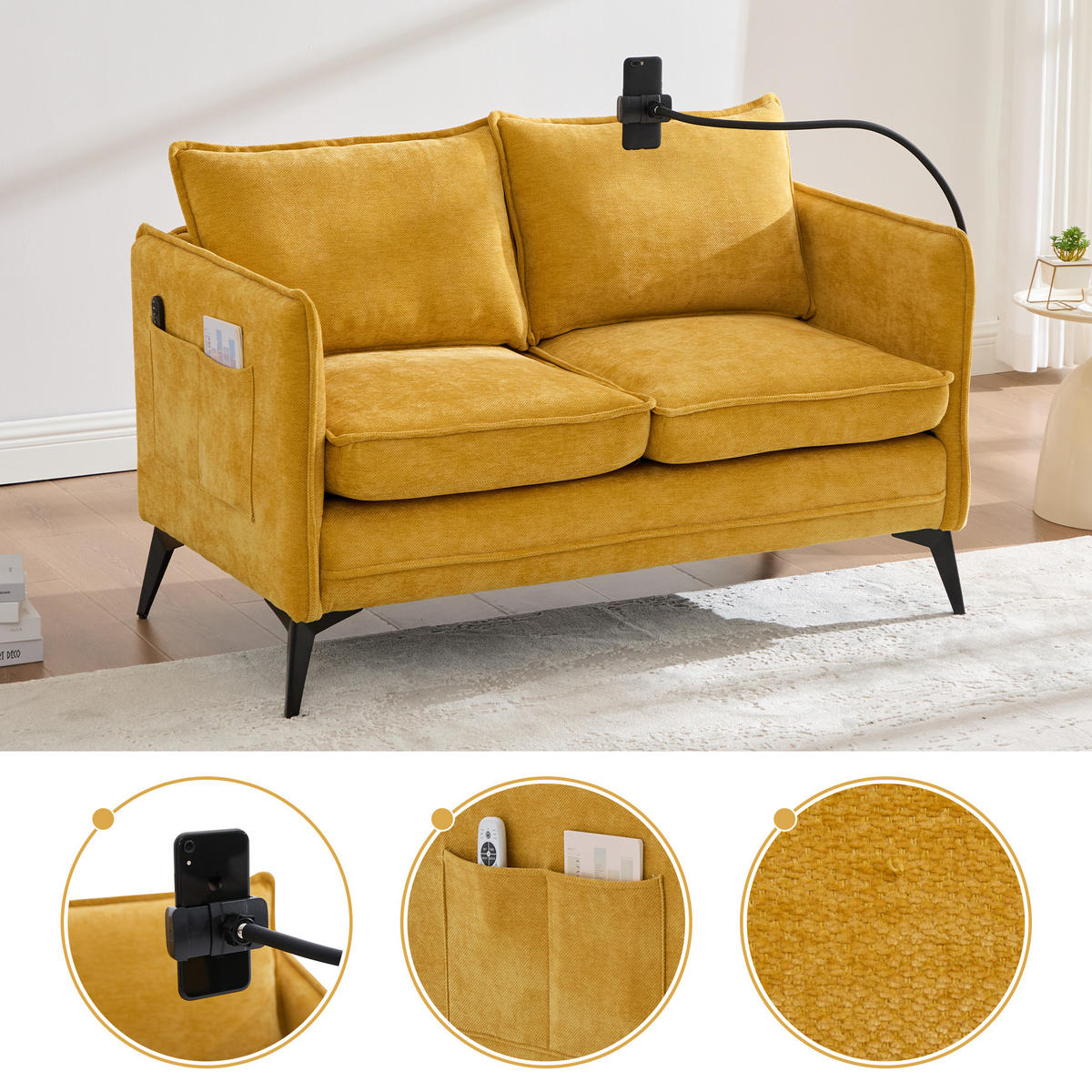 SOFA 2-Sitzer mit Handyhalterung und Ablagefächern Chenille Gelb 127/69/66 cm - Gelb, Textil (127/66/69cm) - OKWISH