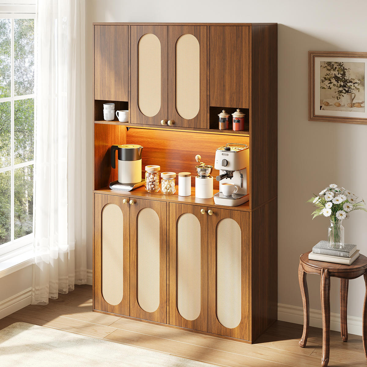 BUFFET Hoch mit PE-Rattan, LED-Beleuchtung und großem Stauraum - Nussbaumfarben, Holzwerkstoff (40/178/106cm) - Korfee