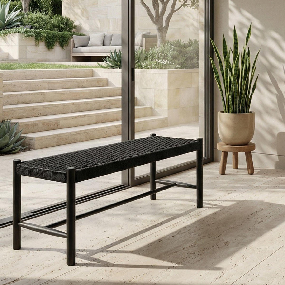SITZBANK 90/36/45 cm Rattan / Eiche Schwarz - Schwarz, Holz/Papier (90/45/36cm) - Furnhouse