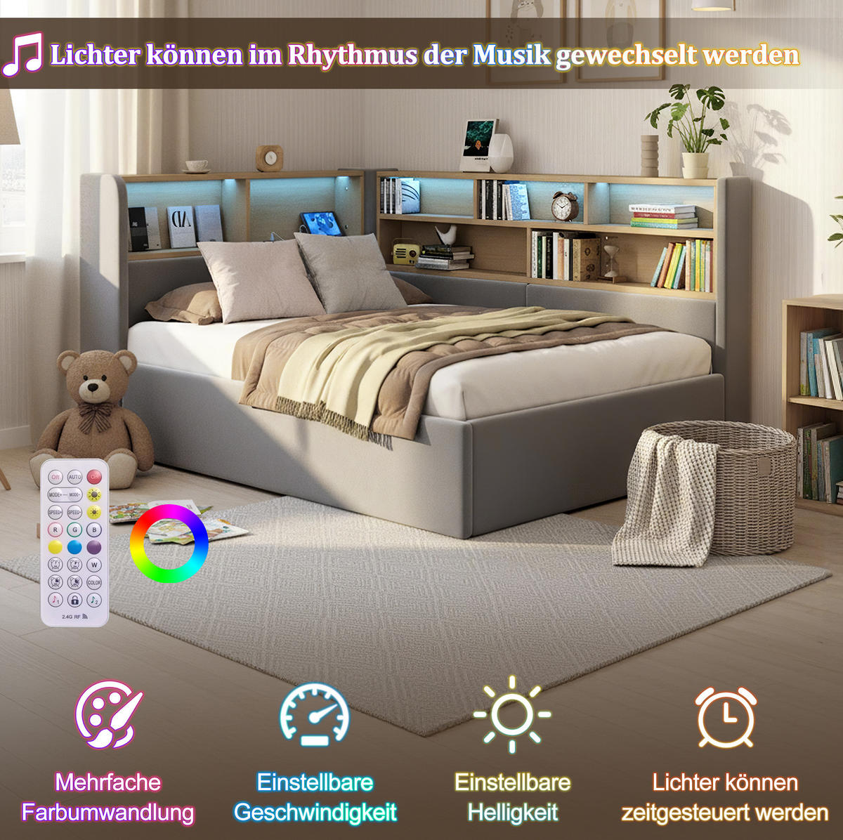 DENNÁ posteľ 90/200 cm sivá zo zamatu s hydraulickým úložným priestorom, LED a USB-C - sivá, textil (90/200cm) - OKWISH