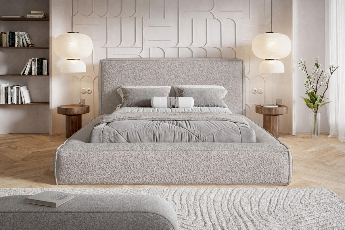 POLSTERBETT Boucle 180x200 Karano, Dicker Schaum, Bettkasten, Hellgrau - Hellgrau, Holz/Textil (180/200cm) - Emporius