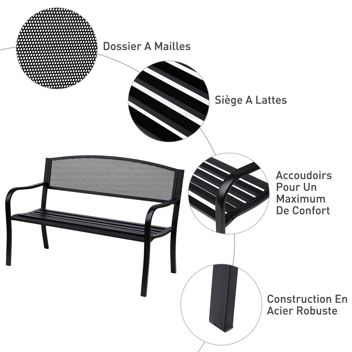 GARTENBANK DE-17746 3-Sitzer mit ergonomischer Rückenlehne Schwarz - Schwarz, Metall (127/87/60cm) - ComfortXL
