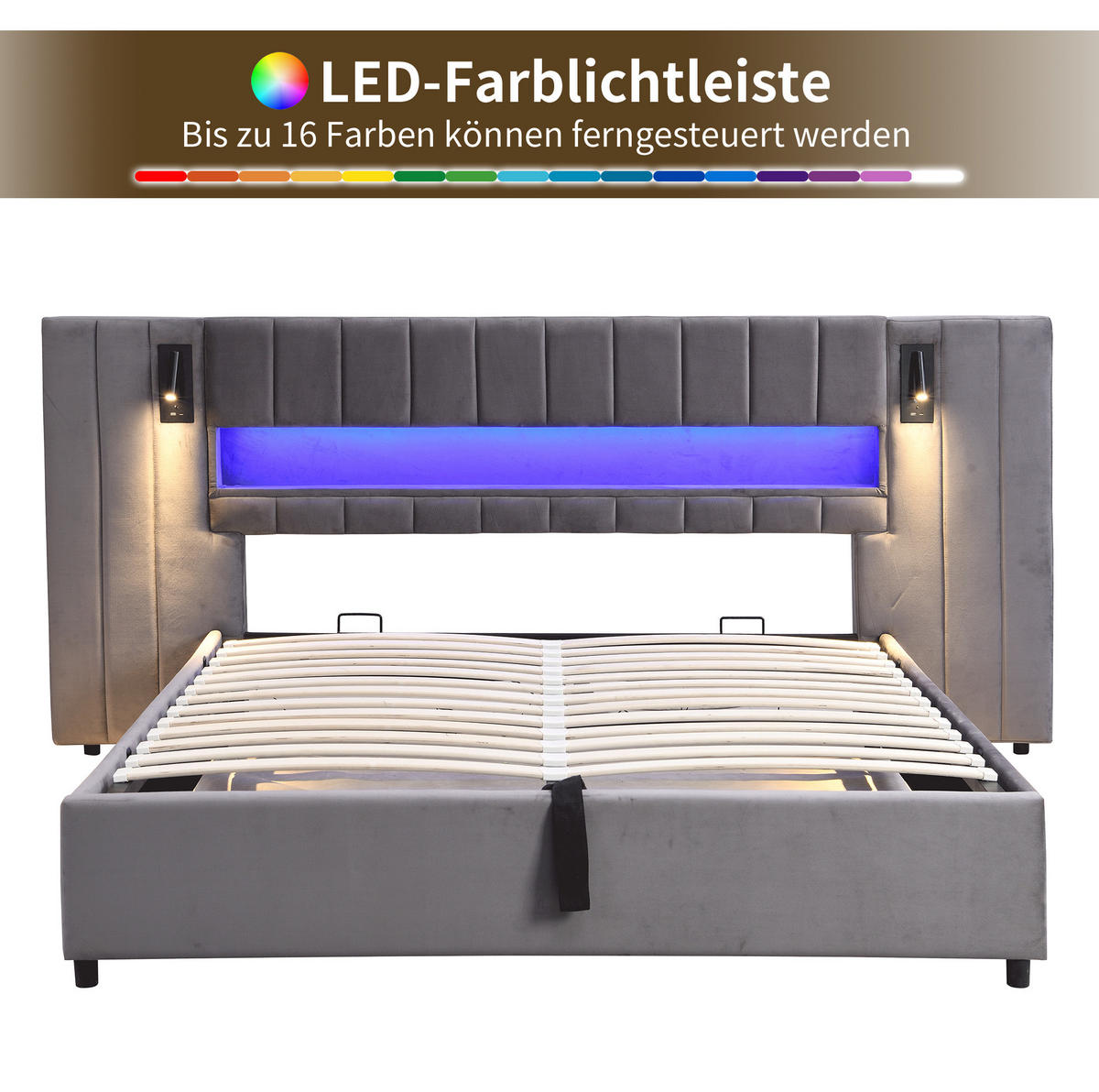 POLSTERBETT 180/200 cm Grau mit Stauraum mit LED-Beleuchtung und USB- und Type-C-Anschlüssen aus Samt - Grau, Textil (180/200cm) - OKWISH