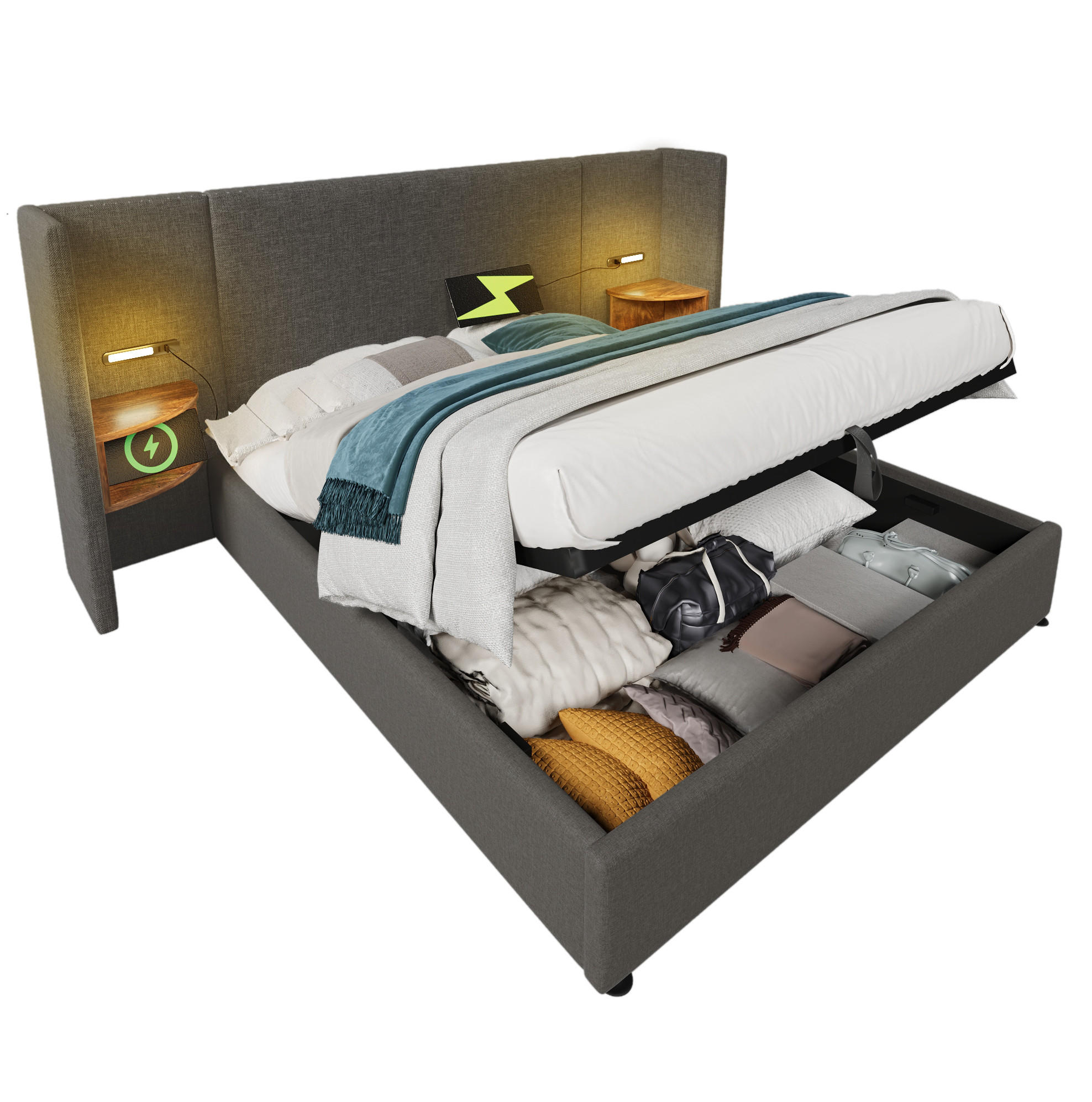 POLSTERBETT 160/200 cm mit Bettkasten, Leselampe und USB/Type-C in Grau - Grau, Textil (160/200cm) - BEAOK