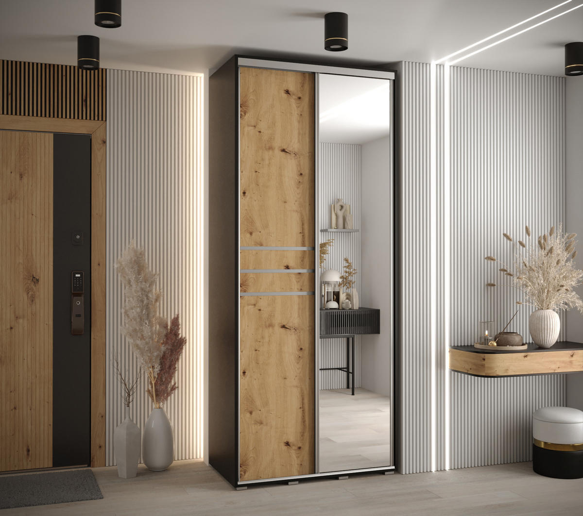 SCHWEBETÜRENSCHRANK 235,2/110/60 2-türig - Silberfarben/Schwarz, Holz/Metall (110/235/60cm) - Abiks Möbel