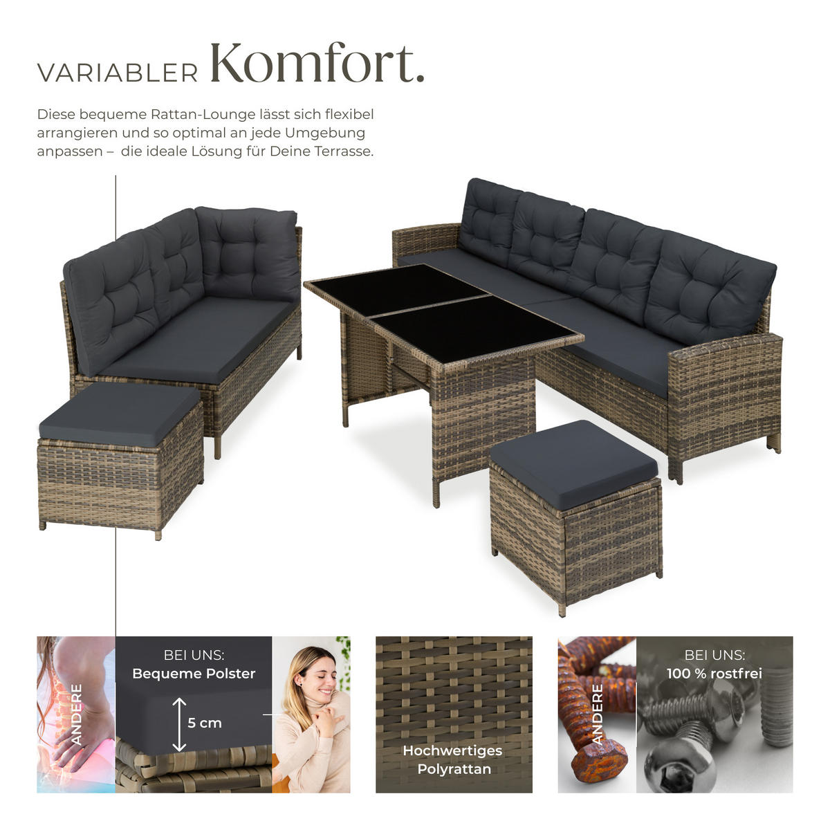 RATTANLOUNGE Barletta,mit Sicherheitsglasplatten,natur - Naturfarben, Kunststoff - tectake