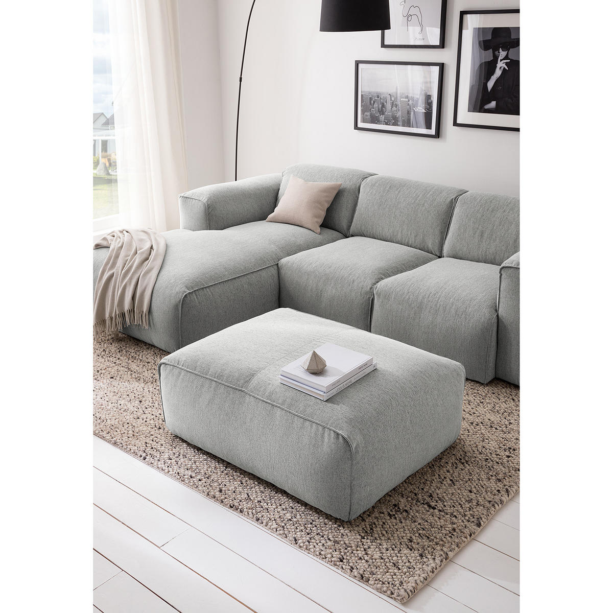 POLSTERHOCKER - Hellgrau/Schwarz, Kunststoff/Textil (81/38/100cm) - home24