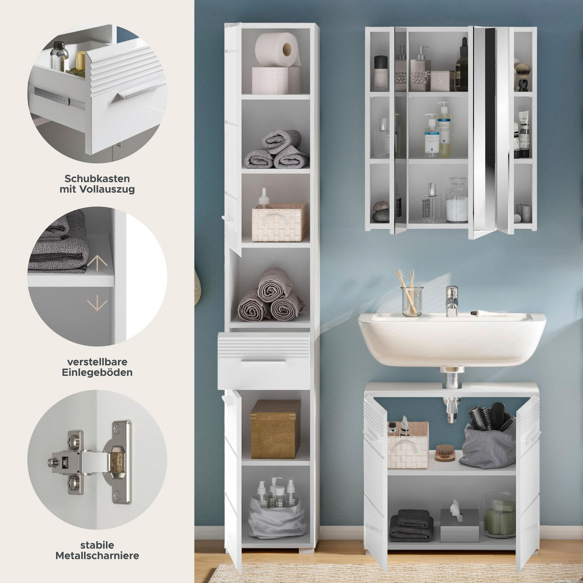 BADMÖBEL Set Linus 3tlg. Bad Kombination in Weiß o. Schwarz (B/H/T: 105x182x34 cm) - Weiß, Holz (105/182/34cm)