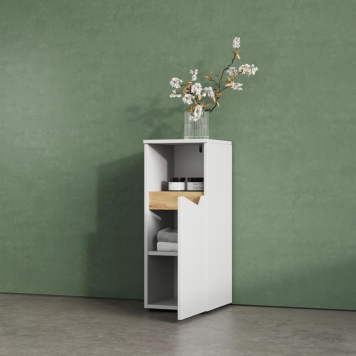 MIDISCHRANK Timavo Weiß 30 x 74.5 cm mit Tür und offenem Fach - Weiß/Eiche Artisan, Holzwerkstoff (30/74.5/35cm) - Livinity®