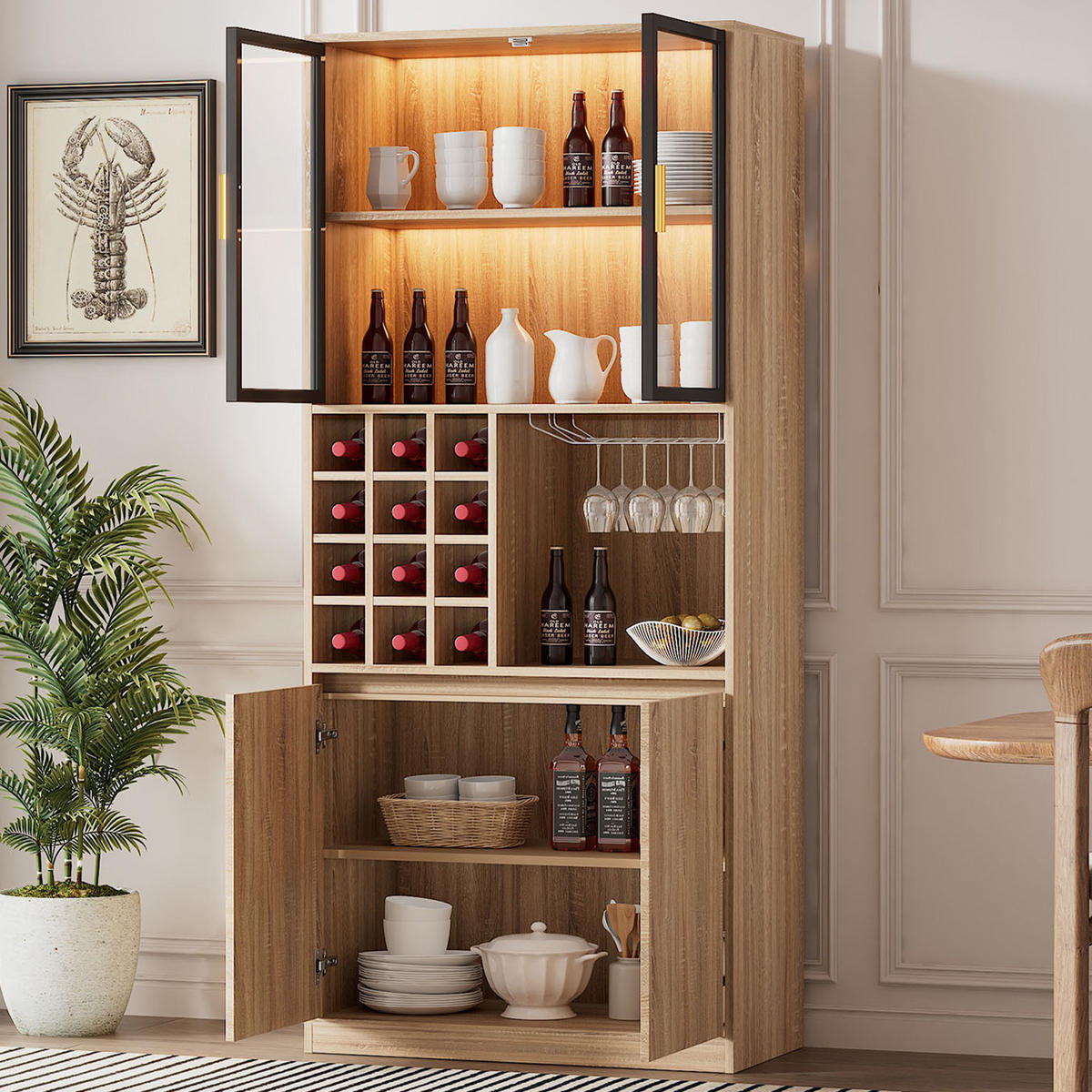 VITRINE 180 cm aus MDF mit Glastüren und LED-Beleuchtung Natur - Naturfarben, Holzwerkstoff (80/180/40cm) - Modenvie