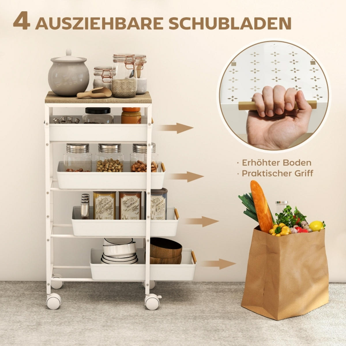 KÜCHENWAGEN 5-Stufiger , ROLLWAGEN MIT 4 SCHUBLADEN, Metallrahmen, 39,5/82/24 cm - Weiß, Holzwerkstoff (24/82/39.5cm) - Rolipo