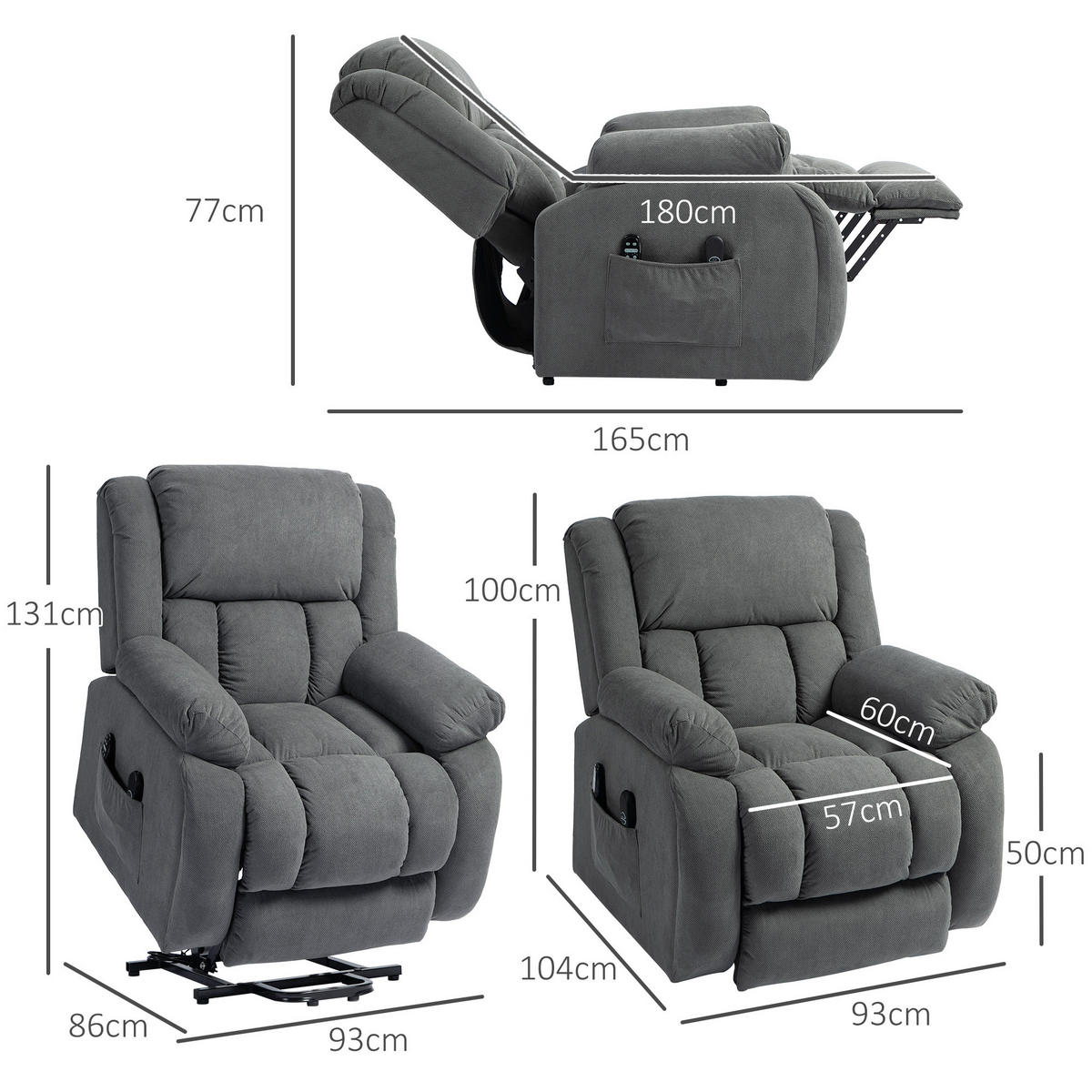 FERNSEHSESSEL mit Aufstehhilfe Elektrisch Relaxsessel 93 x 104 x 100 cm Grau - Grau, Textil (104/100/93cm) - HOMCOM