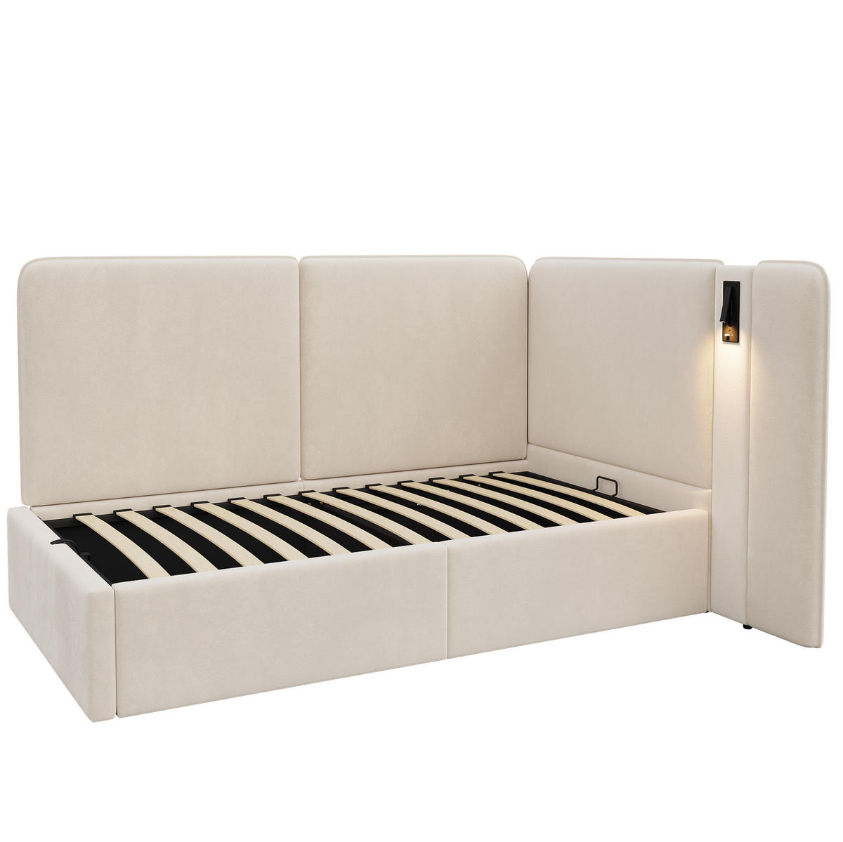 POLNJENA postelja iz žameta 90x200 cm bež s hidravličnim predalom, bralno svetilko, USB in Type-C priključkom - bež, tekstil (90/200cm) - Modfu