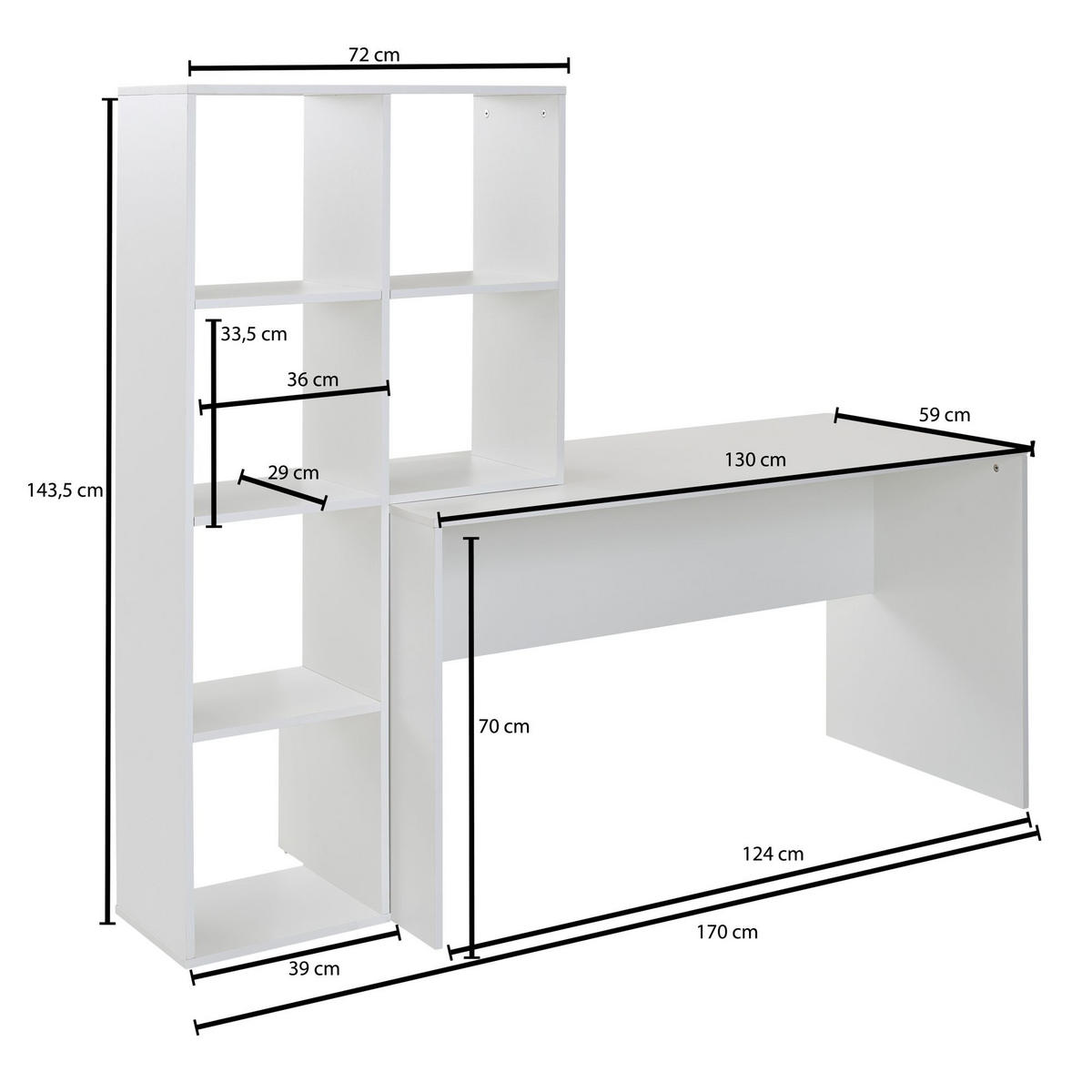 SCHREIBTISCH – mit Regal, groß, puristisches Design, Melaminharzbeschichtung - Weiß, Holz (59/170/144cm) - KADIMA DESIGN