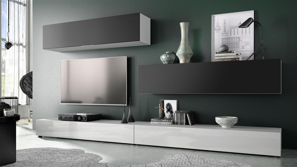 WOHNWAND Nublo Klappen in Schwarz matt - Schwarz, Holzwerkstoff (279/147/39cm) - Vladon