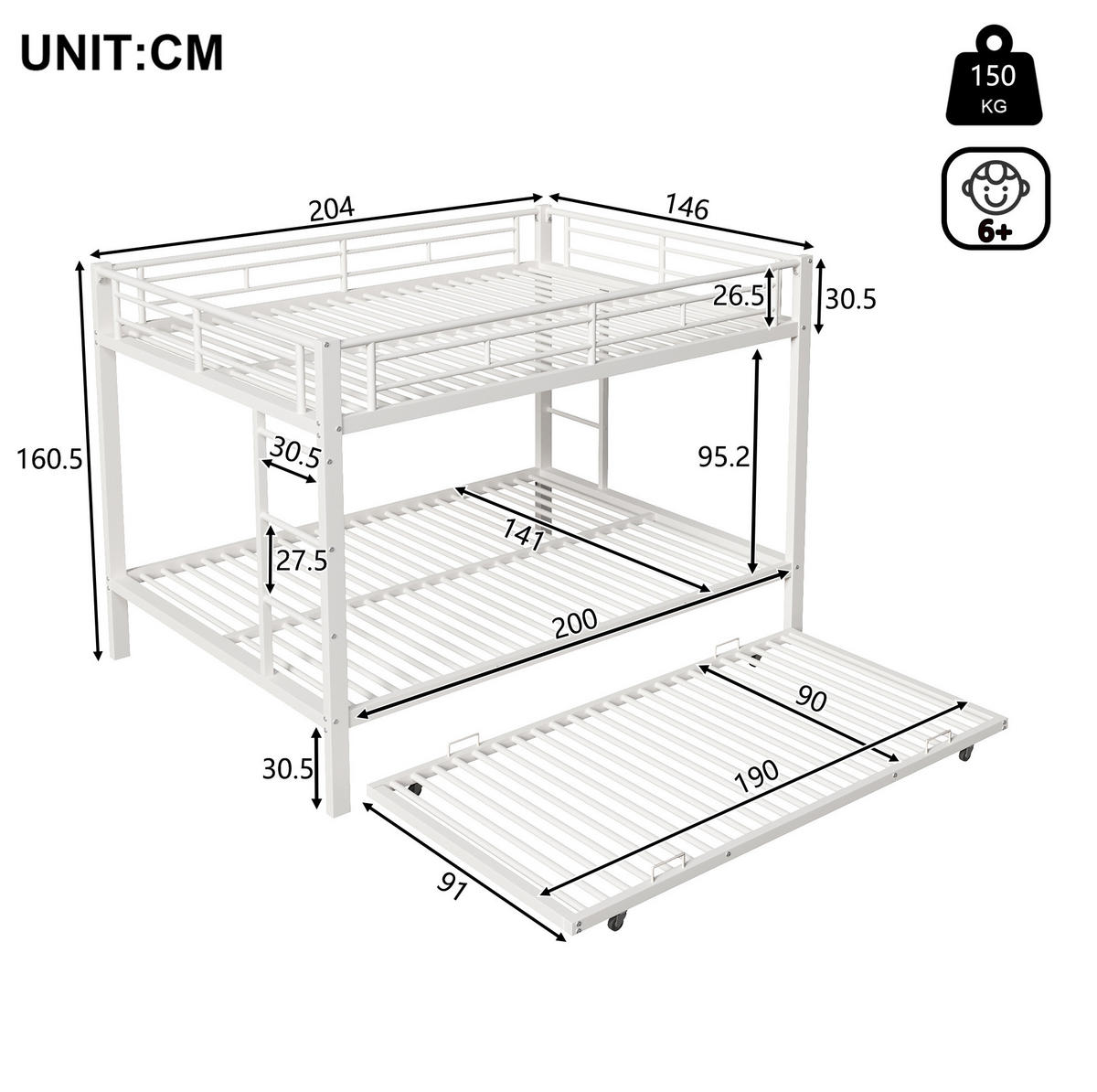 ETAGENBETT 140/200 cm aus Metall mit Ausziehbett in Weiß - Weiß, Metall - BEAOK