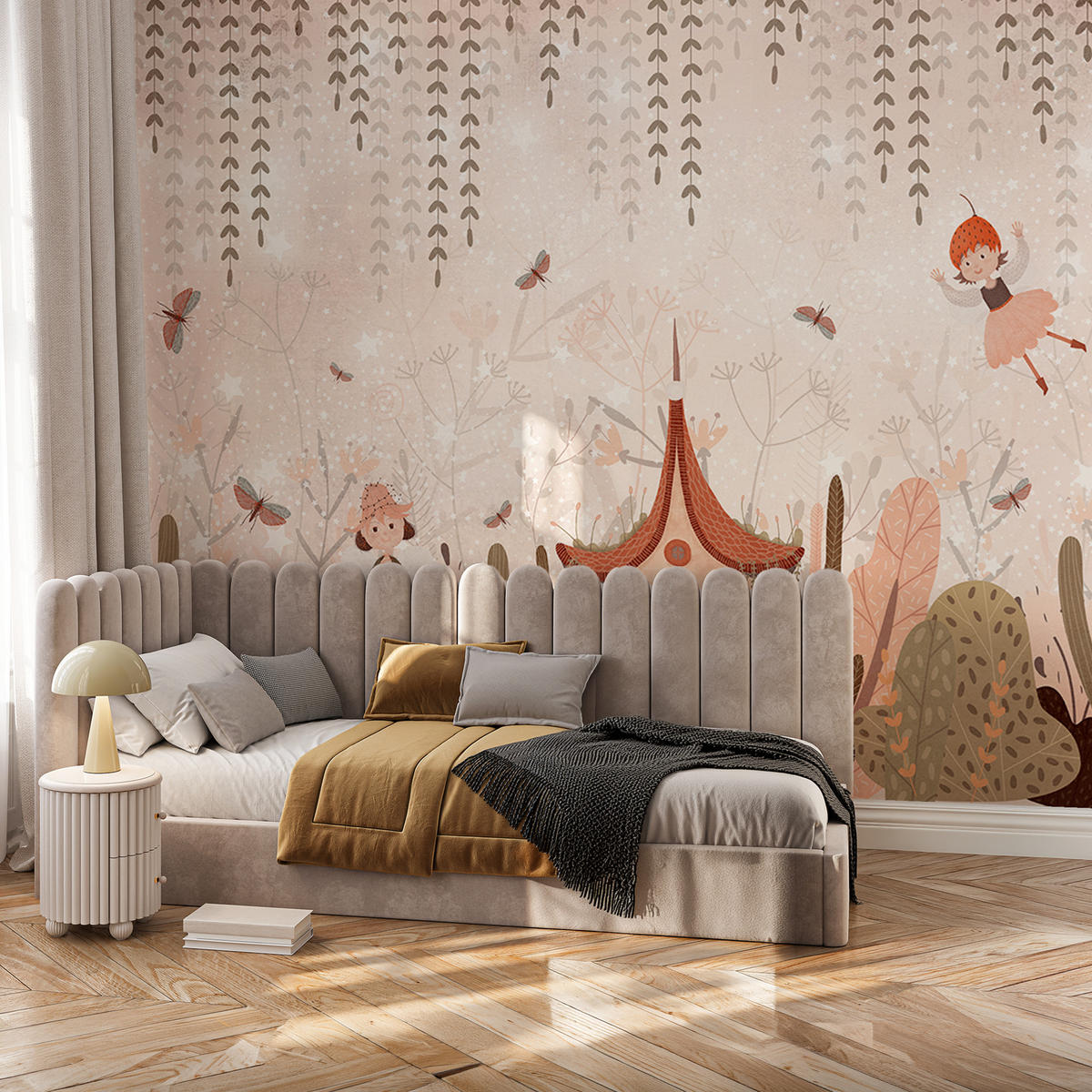 FOTOTAPETE für Kinderzimmer Feen Aquarell Wald Blumen Blätter Boho 150x105 - Beige/Orange, Papier (150/105cm) - Muralo