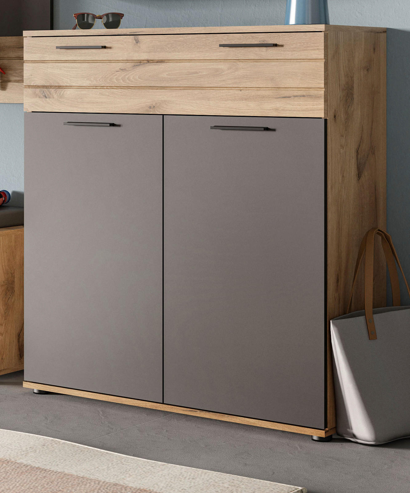 SCHUHKOMMODE Eiche, grau 90 cm mit Soft-Close - Eichefarben/Schwarz, Holzwerkstoff/Kunststoff (90/104/37cm) - Inn.Furn
