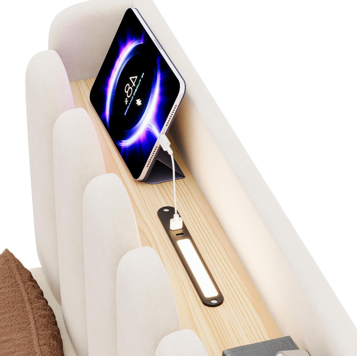 BETT 90/200 cm in Beige aus Samt mit Lattenrost und USB- und Type-C-Anschlüssen - Beige, Textil (90/200cm) - Flora Grace