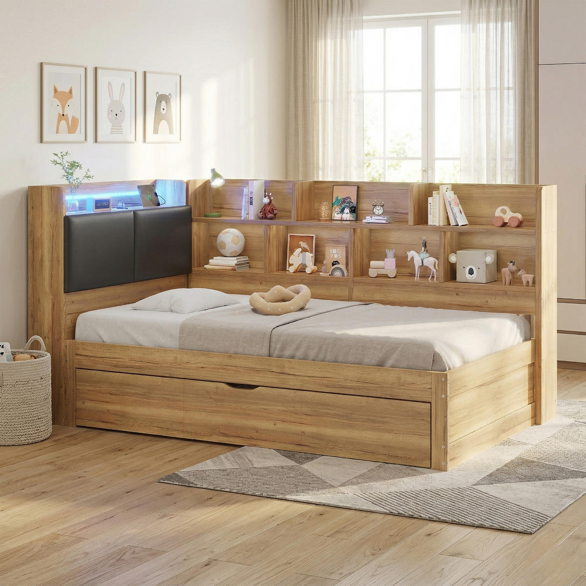 KINDERBETT Natur 90x200 LED USB Ausziehbett Stauraum Holz - Naturfarben, Holzwerkstoff (90/200cm) - FLIEKS