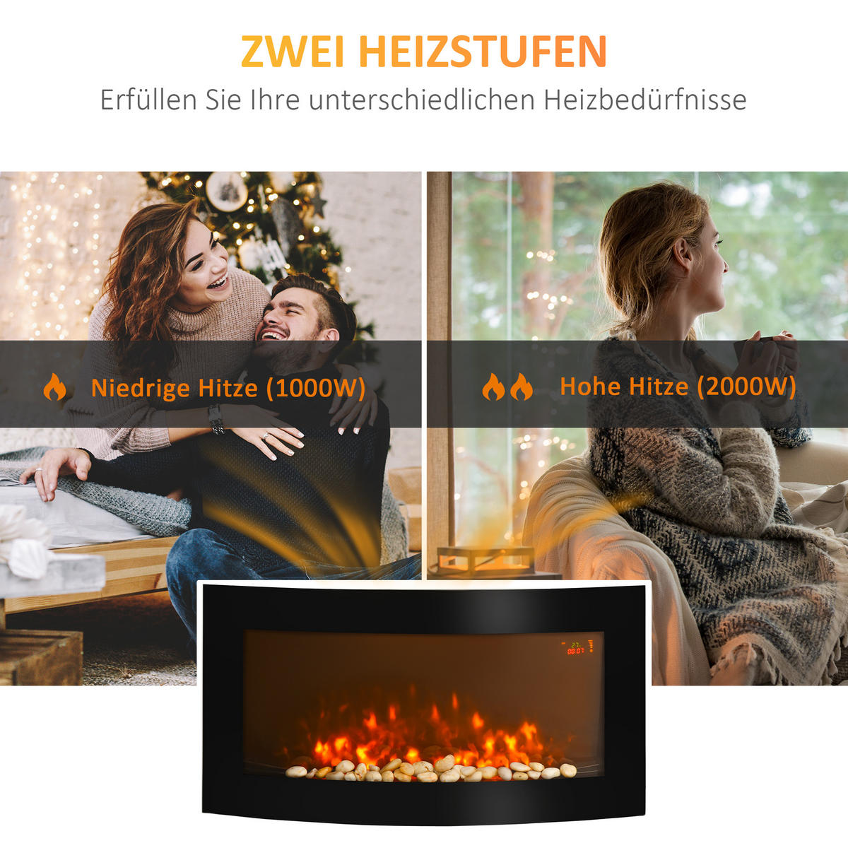 ELEKTROKAMIN Kaminofen Kamin Wandkamin mit Fernbedienung 2 Maße LED Licht - Schwarz, Metall (13.5/48/89.2cm) - HOMCOM