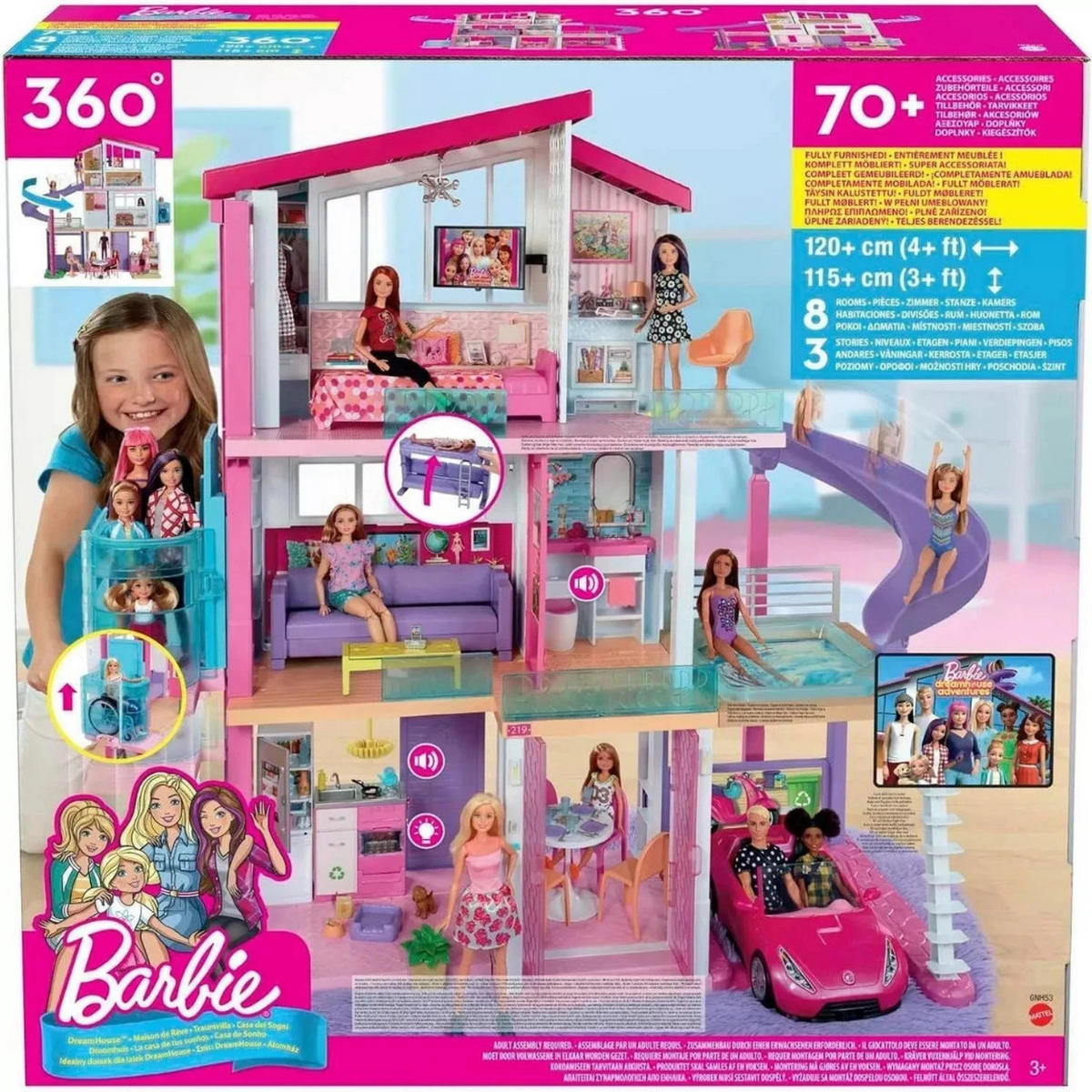 PUPPENHAUS Dreamhouse Barbie Villa 3 Etagen Spielset, Puppenvilla, Spielhaus, Kinder Spielzeug, Barbie Haus, Zubehör Set, Rollenspiel, Kinderzimmer - Pink, Kunststoff (120/90/21.6cm) - Barbie