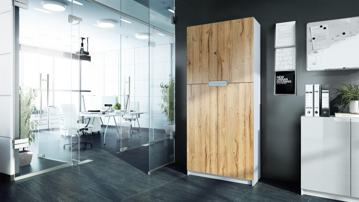 BÜROSCHRANK Logan Fronten in Eiche Natur - Eichefarben, Holzwerkstoff (82/185/37cm) - Vladon