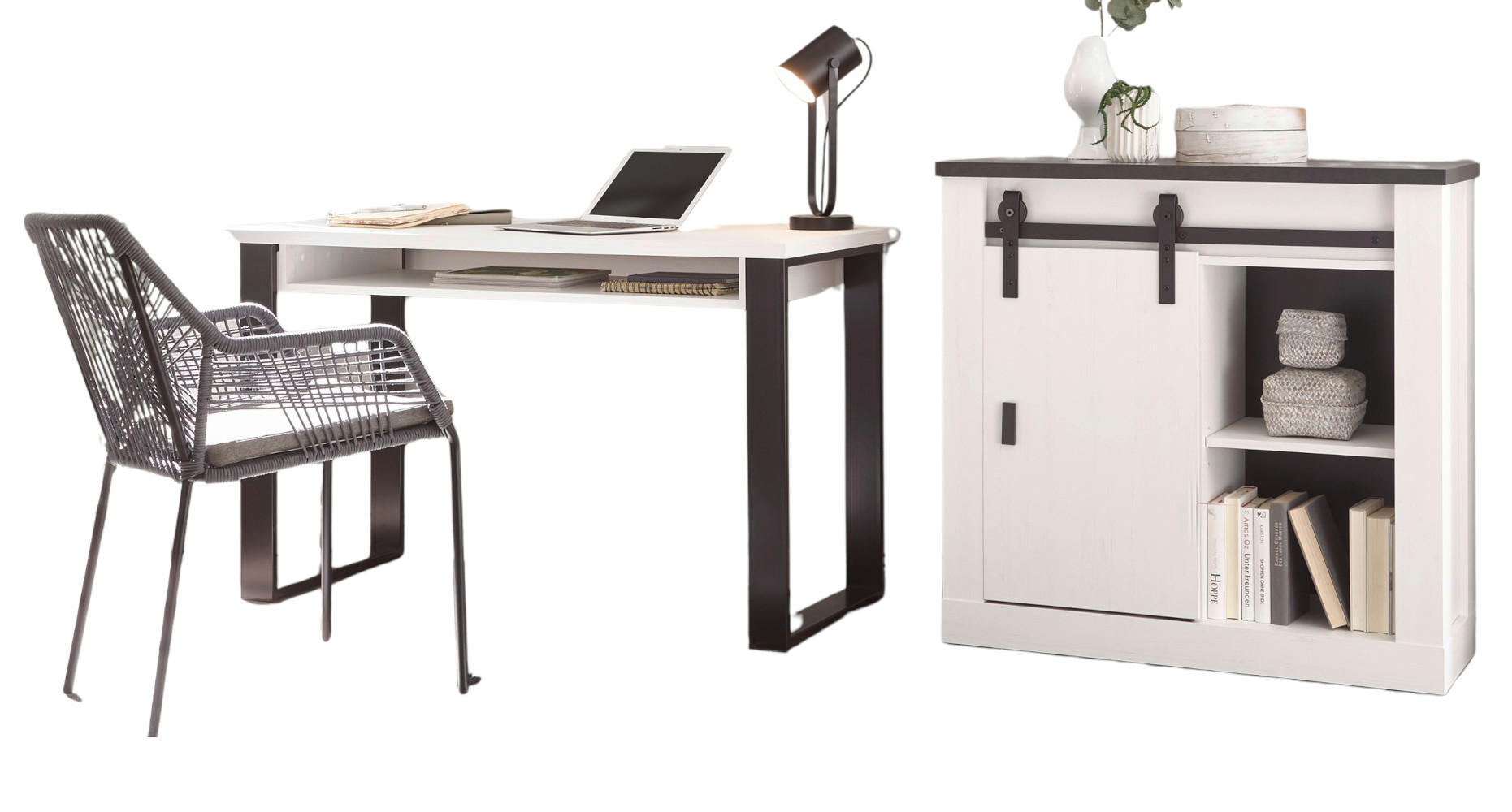 BÜROMÖBEL-SET weiß Pinie, anthrazit Landhaus, Kombination mit Aktenschrank - Anthrazit/Weiß, Holzwerkstoff/Metall (60/220/91cm) - Furn.Design
