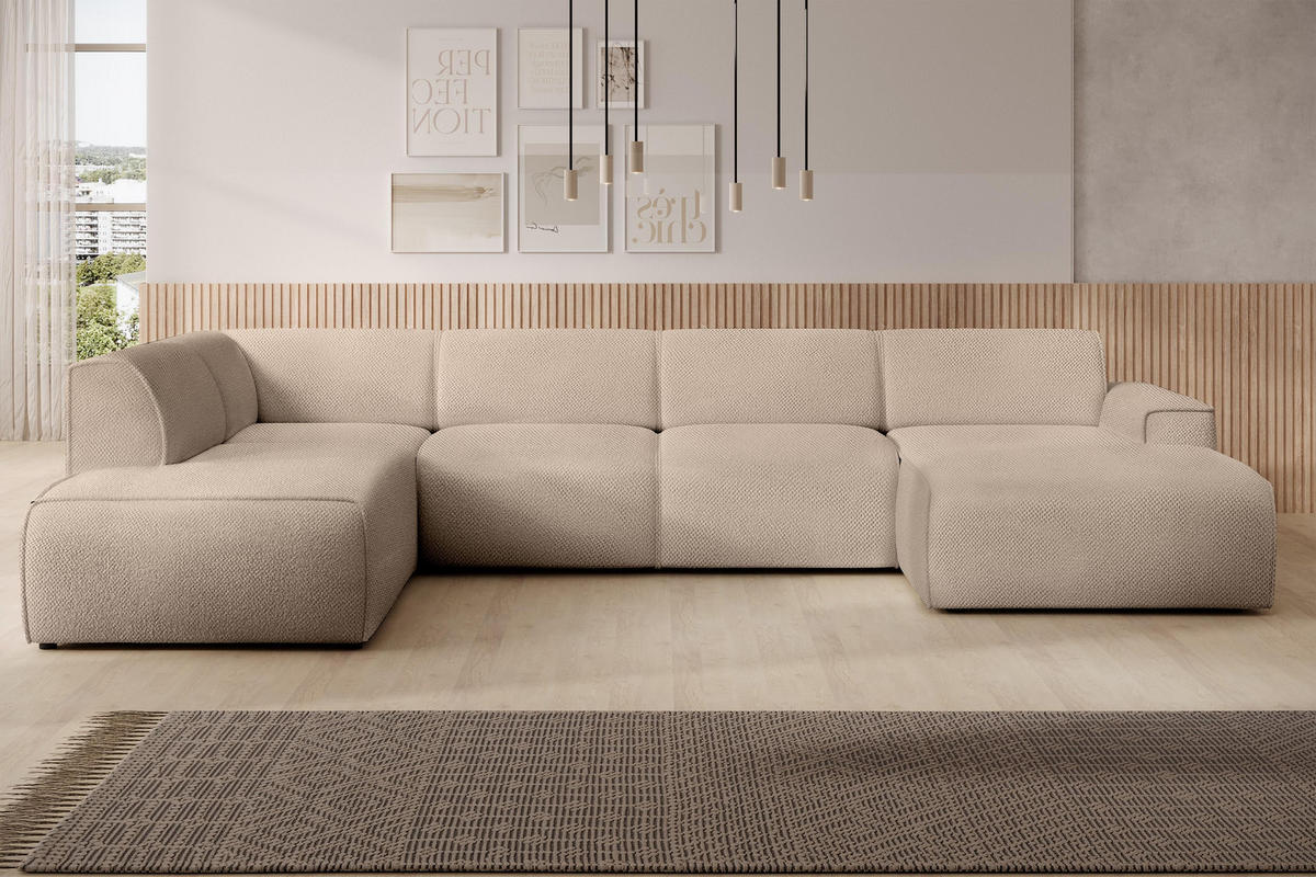WOHNLANDSCHAFT Didim Beige 378/220/78 cm – großes Sofa stilvoll & bequem L - Beige/Schwarz, Kunststoff/Textil (220/78/378cm) - AX Living