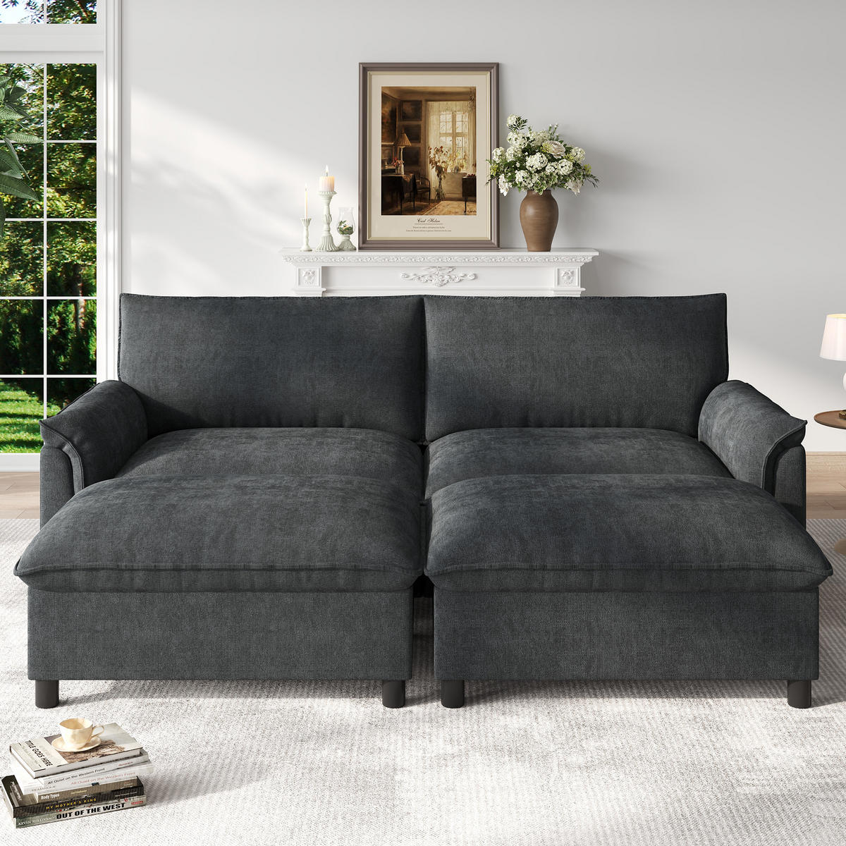 SOFA Schwarz U-Form Cloud Modular Deep Seat 216cm Hocker - Schwarz, Textil (77/82/216cm) - FLIEKS