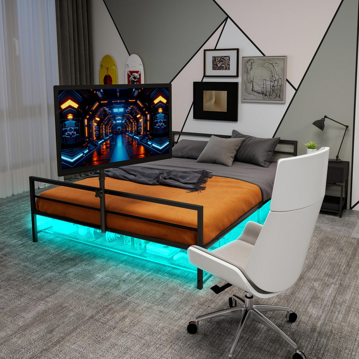 BETT Gaming 206 cm schwarz mit LED-Beleuchtung und verstellbarer Halterung - Schwarz, Metall (90/200cm) - OKWISH