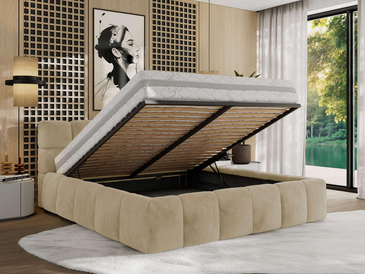 POLSTERBETT NIRA CLASSIC 200/200 - Creme Plüsch - Pocket-Matratze - Creme, Textil (200/200cm) - MKS