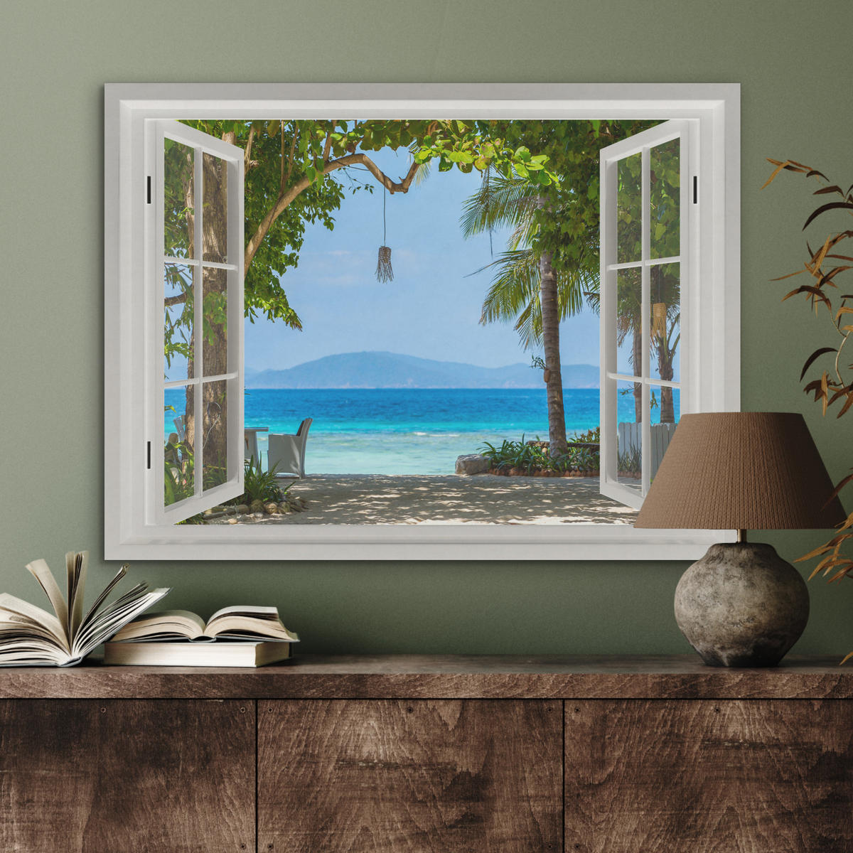 AKUSTIKBILD Aussicht - Baum - Meer - Palme - Hügel - Strand - Blau Gemälde 80x60 cm - Blau, Textil (80/60/0.9cm) - MuchoWow