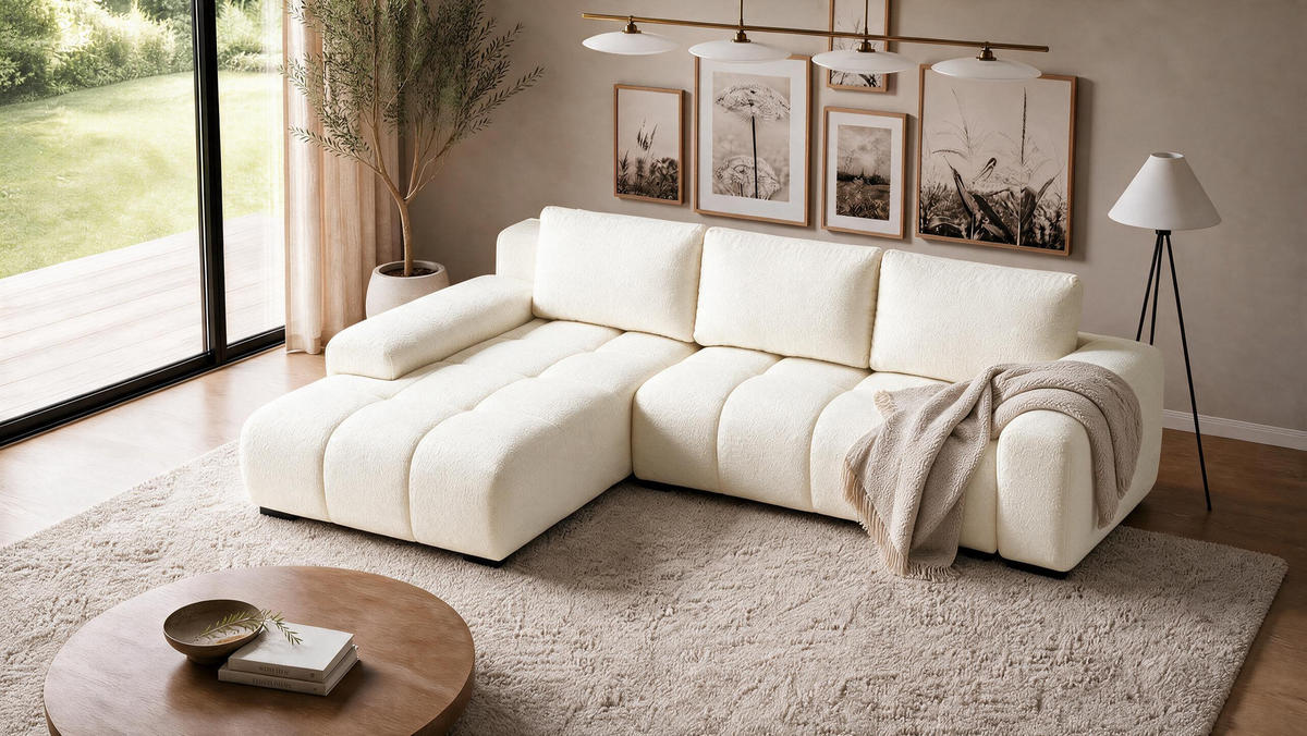 ECKSOFA Ovia mit Bettkasten und Schlaffunktion, Bouclé-Stoff in L-Form - Beige, Textil (270/185cm)